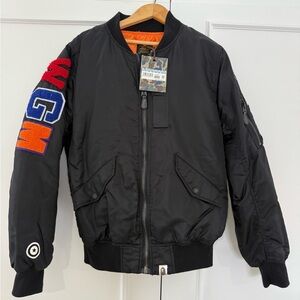 A Bathing Ape Black Bomber Jacket with Colorful Sleeve Accents
